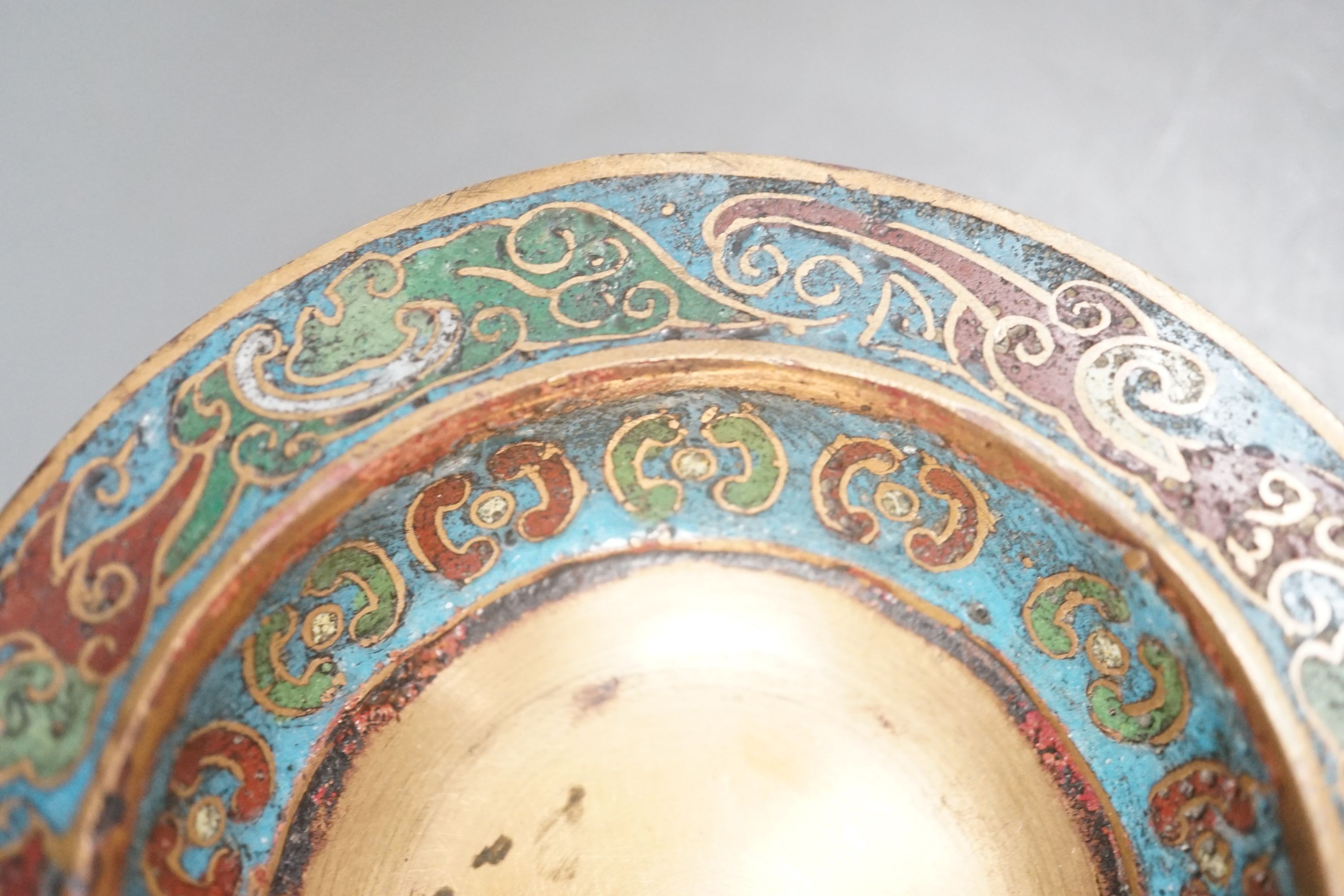 A Chinese champleve enamel bronze tripod censer, diameter 12cm